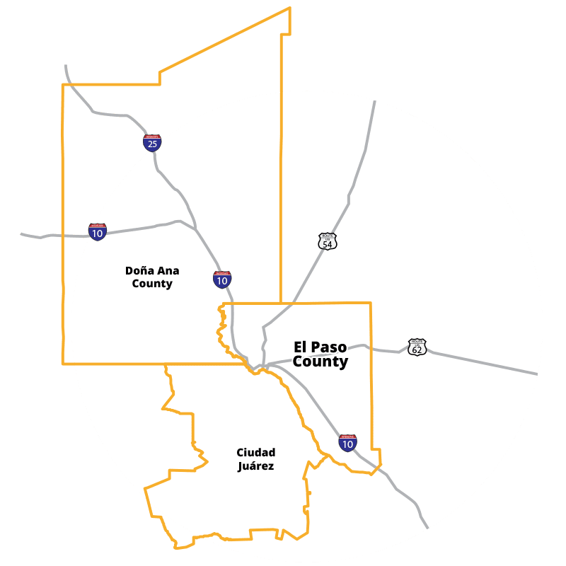 Map of the borderland including El Paso, Juarez, New Mexico