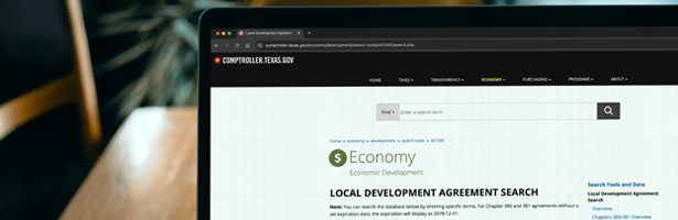 Computer screen displaying the search database for the Local Economic Development and Tax Abatement Agreements.