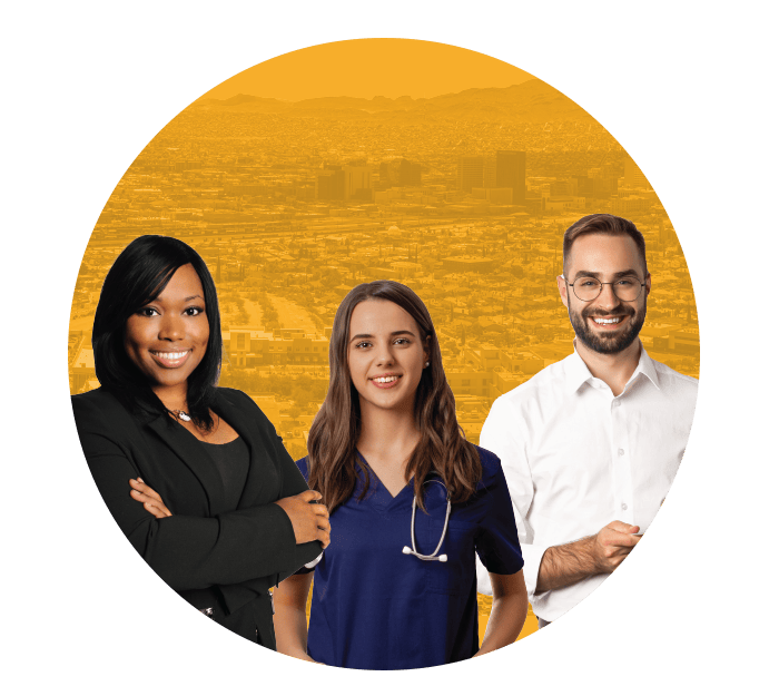 Two Women and a man standing in front of yellow background smiling.